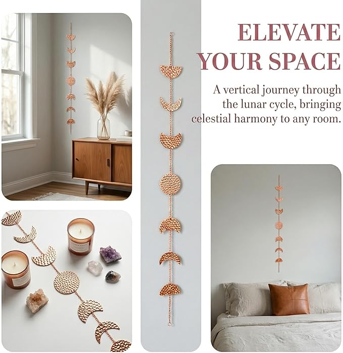 opulinea 32 Inch Hammered Rose Gold Moon Phase Metal Wall Decor, Celestial Hanging Wall Sculpture, Boho Lunar Wall Art for Bedroom, Living Room, Bathroom, Apartment