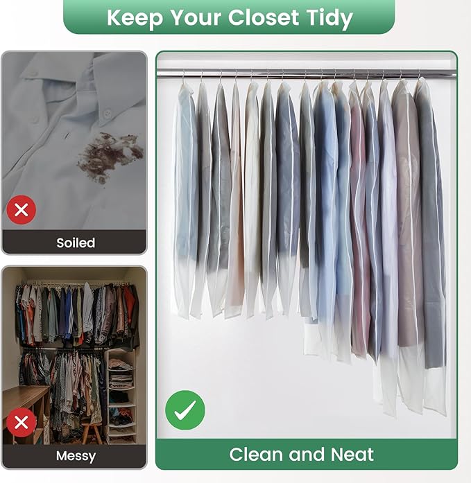 Translucent Garment Bags for Hanging Clothes - Frosted Clothes Storage Bags for Suits, Dresses, Closet Storage - 10 Pack