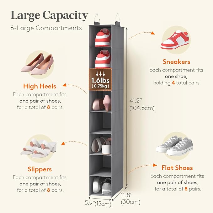 Lifewit Closet Shoe Organizer Hanging 8 Section, Collapsible Closet Organizers and Storage for Shelf, Shoe Hanger for Wardrode, Dorm, 11.8" L X 5.9" W X 41.1" H, Gray