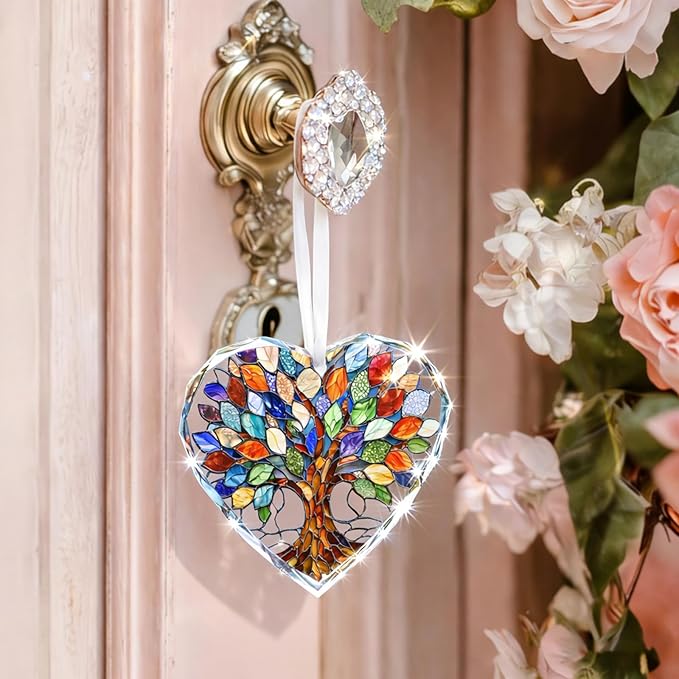 Tree of Life Stained Glass Ornament Christmas Tree Decorations Heart Shape Crystal Ornaments Holiday Presents Idea Car Hanging Ornaments Unique Keepsale for Mom Wife Friend Sister