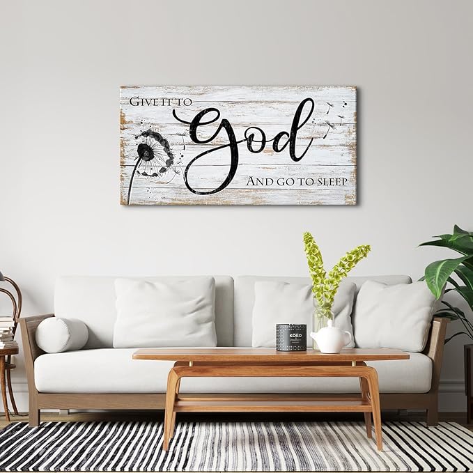 Give it to god and go to sleep Sign Wall Art Christian Bible Verses Wall Decor for Master Bedroom Dandelion Picture Canvas Rustic Religious Poster Painting Retro Quotes Artwork Home Decoration 24x48”