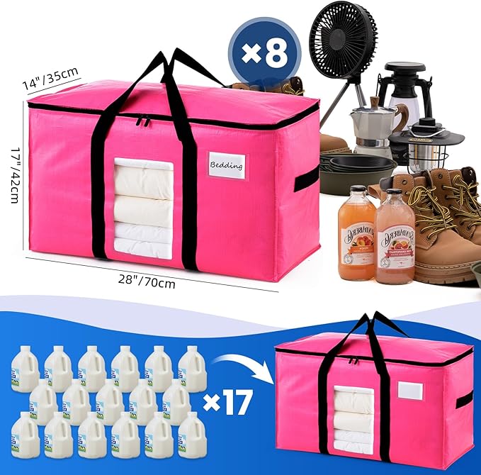 TAILI 8 Pack Pink Extra Large Moving Bags, Heavy Duty Totes with Visible Window, Wrap Around Handles, Space-Saving Storage, Alternative to Moving Boxes