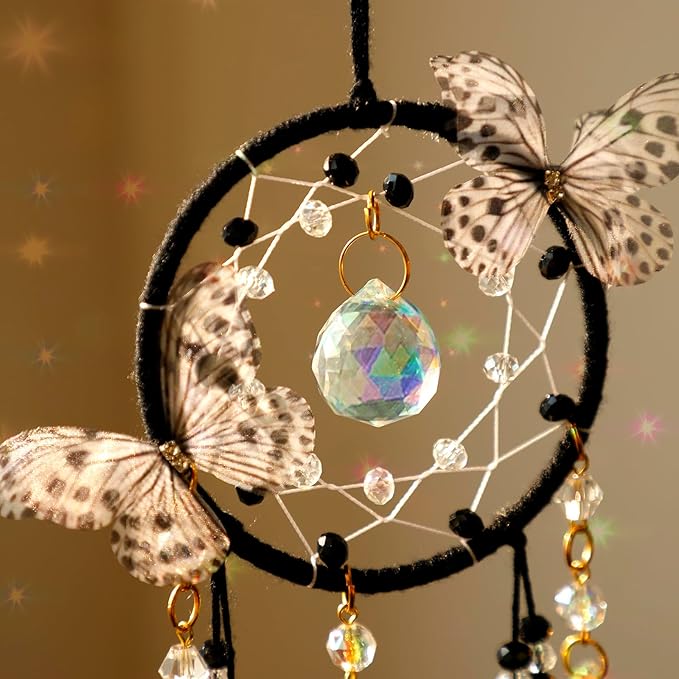 Artilady Dream Catcher for Girls - Butterfly Small Black Dream Catchers with Crystals Cute Room Decor for Teen Girls Boys Boho Bedroom Wall Home Decorations Birthday Christmas Women Kids Gifts