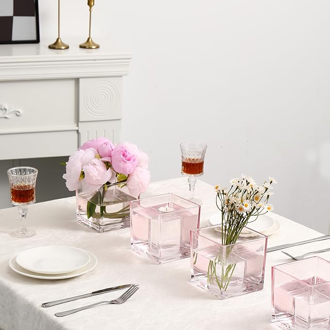 Square Glass Vases Set of 4, 4"x 4"x 4" Flower Vases for Centerpieces, Pink Glass Vase for Flowers, Small Vase for Wedding, Party, Home Office Decoration