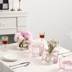 Square Glass Vases Set of 4, 5" x 5" x 5" Pink Flower Vases for Centerpieces, Square Vase for Flowers, Small Vase for Wedding, Party, Home Office Decoration