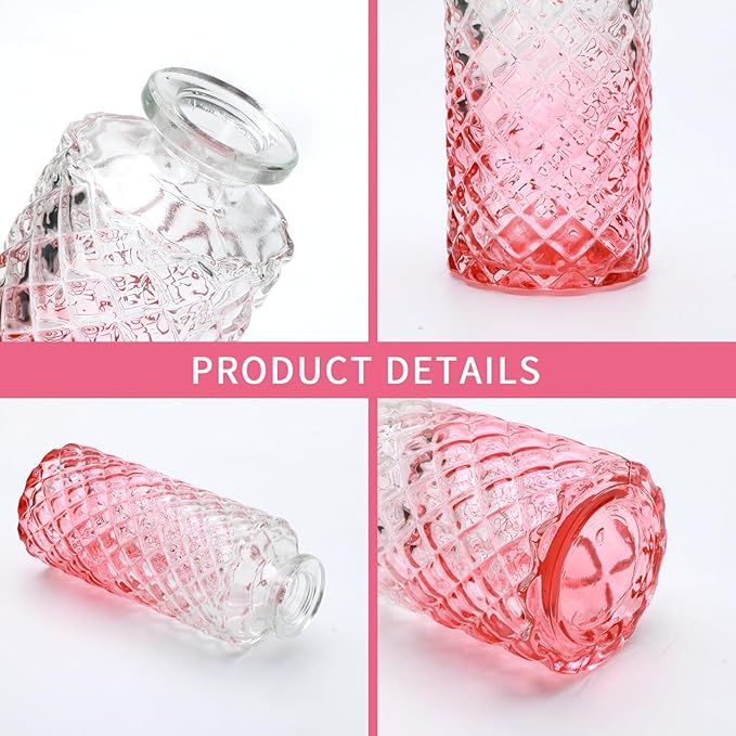 Brajttt Pink Small Flower Vase Set, Glass Bud Vase in Bulk Set of 8,Artistic and Cultural Flavor Mini Vases for Home Office Decor, Bedroom, Office, Living Room Decorations,Wedding