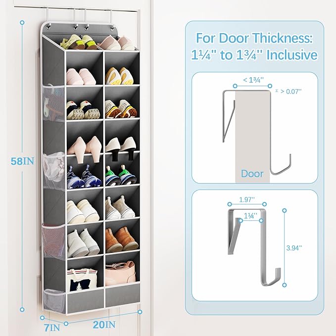 Yecaye 8 Tier Over the Door Shoe Organizer of Deep 16 Compartments, 50lbs Load Shoe Rack for Door in Oxford Holds 16-24 Pairs, Stain-Resistant Hanging Shoe Organizer for Closet, Grey