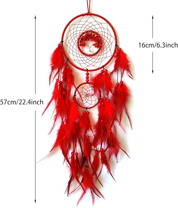 Red Dream Catcher Wall Decor Crystal Tree of Life Dream Catchers Handmade Feather Dreamcatcher Wall Hanging Ornament for Bedroom Living Room Home Decor