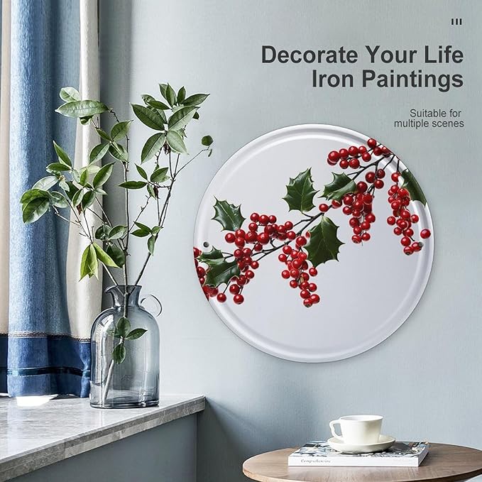 Wall Picture, with Holly Berry Branches Printed Circular Iron Hanging Picture,Wall Art Decor,Home for Bedroom Living Room Bathroom Decor,Iron Painting 11.8X11.8 in