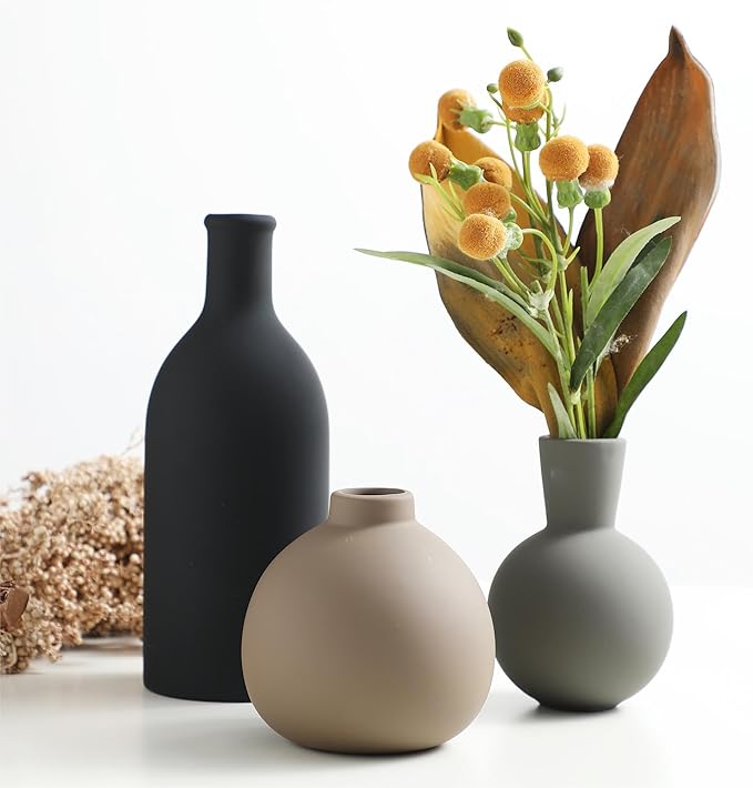 Ceramic Vase Set of 3, Vases Home Decor Rustic Farmhouse Decor Pottery Vases for Bouquet Pampas Grass Dried Fresh Flowers, Living Room, Kitchen, Bedroom, Bathroom, Entryway Mantel, Decor -Multicolor