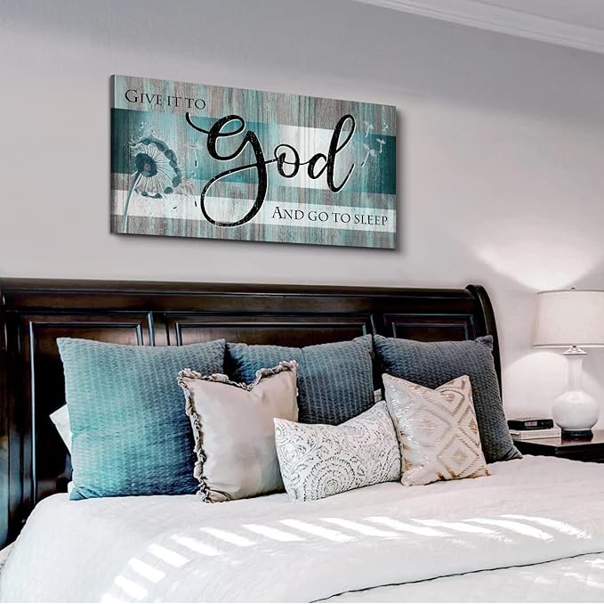 Christian Wall Decor Bible Verse Wall Art Give It to God and Go to Sleep Bedroom Pictures Faith Quote Canvas Painting Teal Religious Scripture Poster Dandelion Artwork Living Room Decorations 20x40"