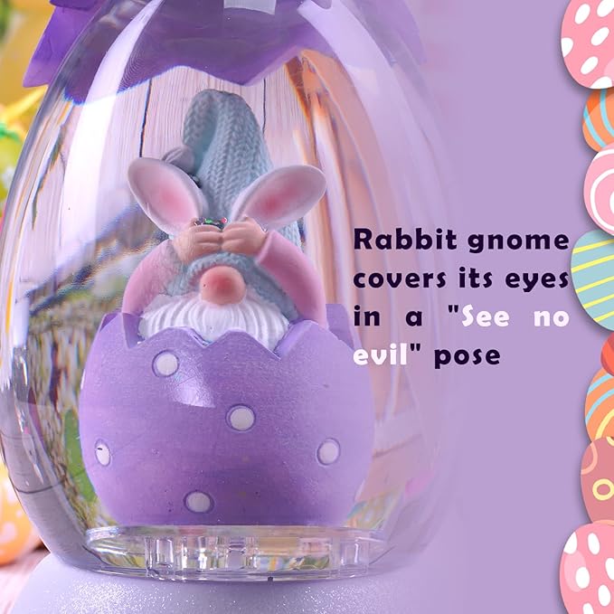 Gnome Easter Snow Globe, Easter Bunny Snow Globe Eggs Spring Decor with Swirling Glitter, 6H Timer, USB or Battery Powered, See No Evil Gnome Snowglobe for Tabletop Decor Gift 7.4 Inch (Purple)