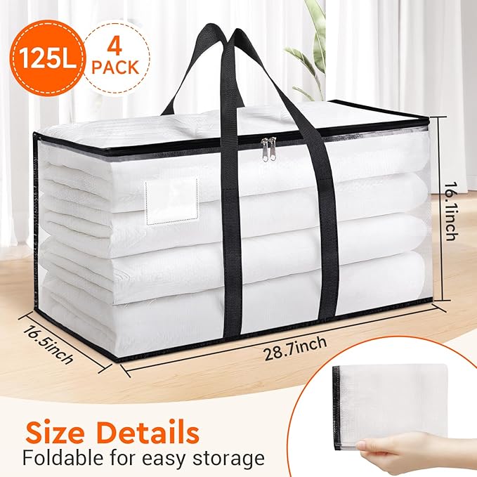 BlissTotes Moving Bags, 125L 4-Pack Storage Bags, Moving Box Heavy Duty Extra Large, Moving Totes with Zipper, Reinforced Handles Boxes for Packaging Moving, Decorative Wreath Storage