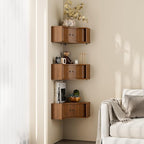 Corner Shelves Wall Cabinet Set of 3, Floating Corner Shelf Organizer with Sliding Doors, Fluted Wall Cabinet for Living Room, Bedroom, Office, Small Space, Walnut (recessed, 15.74")
