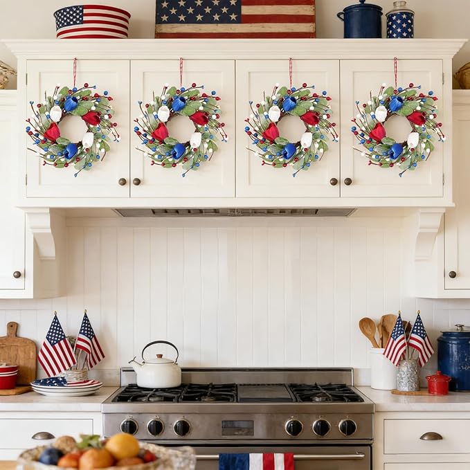 6 Pcs Red White and Blue Patriotic Wreaths, 9 Inch with Sage Green Lamb's Ear, Berry Stems & Tulips | 4th of July Memorial Day Front Door Decor