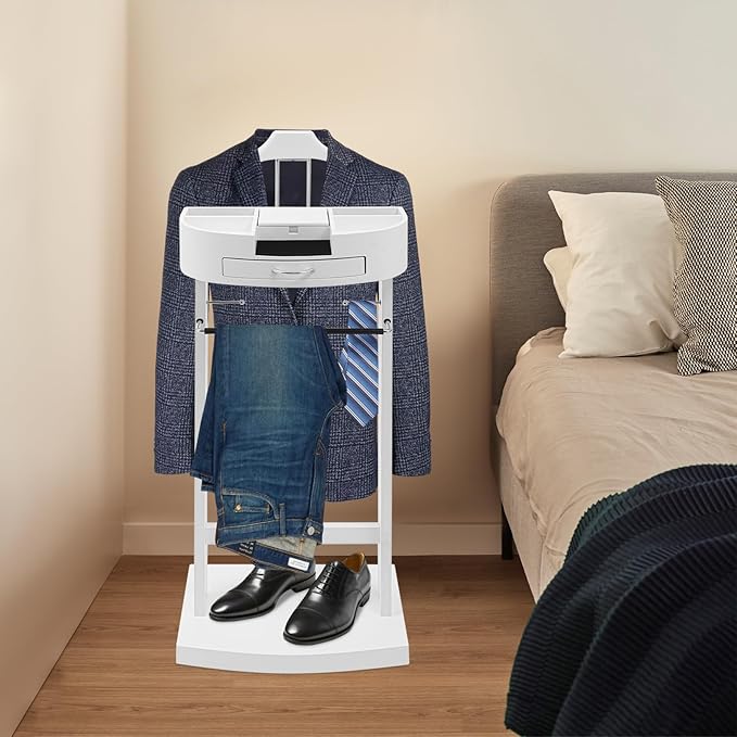 Suit Valet Stand for Man, 16.93x13.19x42.13in Wood Clothes Stand with Top Tray, Men Contour Hanger Valet Stand with Drawer, velvet lining, 66.14 lbs Load-bearing Capacity, Anti-slip Trouser Rack