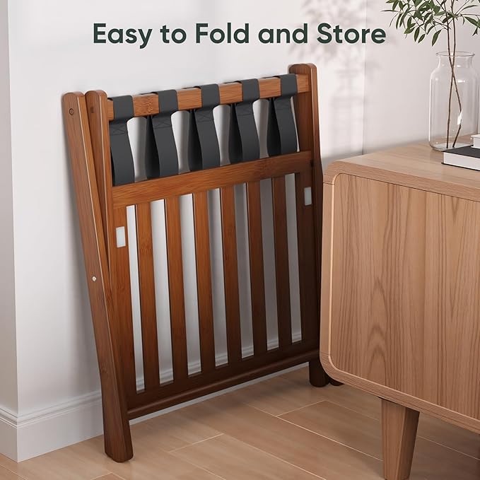 Luggage Racks Set of 2, Fully Assembled Suitcase Stand with Shoe Shelf, Foldable Bamboo Luggage Rack for Guest Room, Bedroom, Hotel, Walnut