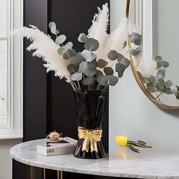 Bow Vase, Black Flower Vase for Home Decor, Black Ceramic Vases for Boho Style, Bow Decor, 9.3 Inch Flower Vases for Bouquet, Ideal Shelf Decor/Table. (Large)