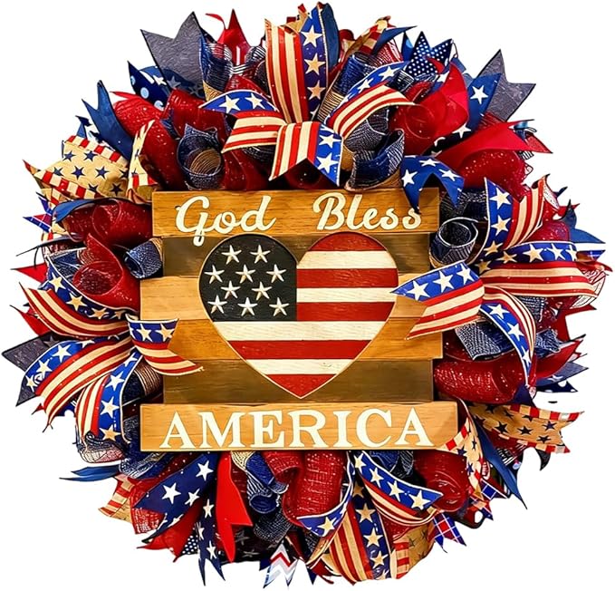 Patriotic Wreaths for Front Door, 250 Anniversary Wreath 4th of Red White and Blue Wreath, Memorial Day Flag Wreaths for Indoor Outdoor Porch Decory Holiday Decorative (#B)