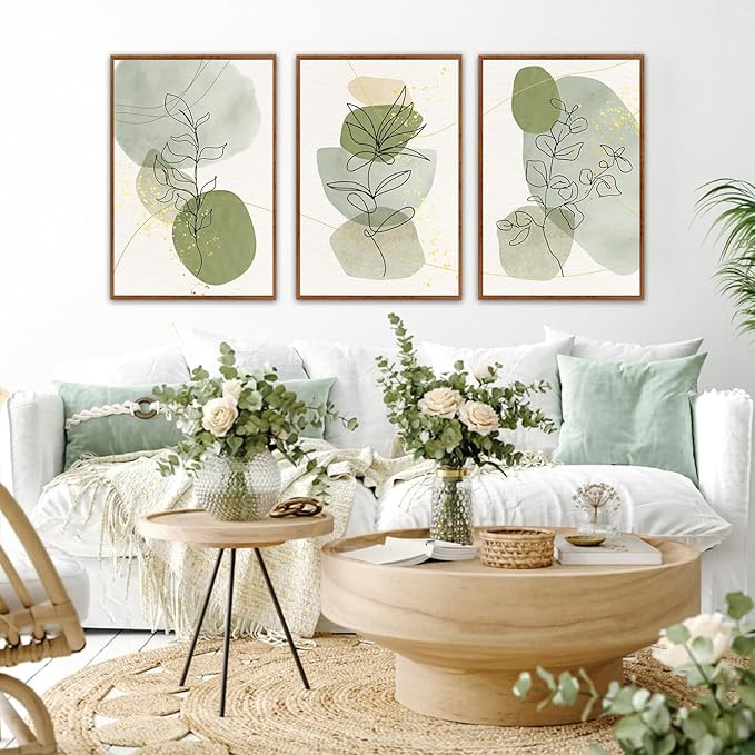KAlRNE Boho Botanical Framed Canvas Wall Art Set of 3(24”X36”),Abstract Sage Green Wall Decor,Minimalist Watercolor Picture,Modern Geometric Black Line Art Prints For Living Room Bedroom Office
