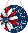 4th of July Decorations Memorial Day Door Sign 12x12 Inch American Patriotic Wood Door Hanger Independence Day Wreath Red White Blue Flower Welcome Hanging Sign for Front Porch Farmhouse Decorations