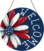 4th of July Decorations Memorial Day Door Sign 12x12 Inch American Patriotic Wood Door Hanger Independence Day Wreath Red White Blue Flower Welcome Hanging Sign for Front Porch Farmhouse Decorations