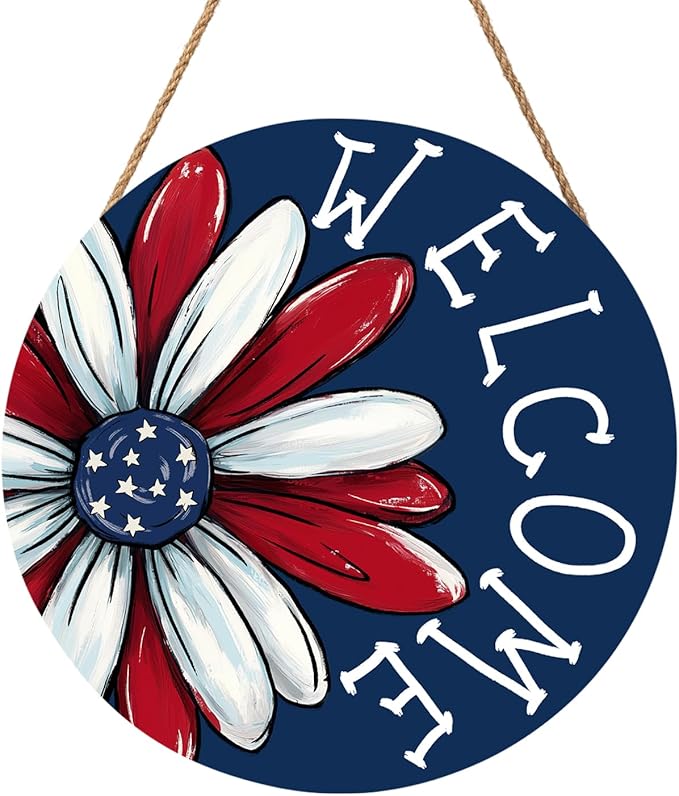 4th of July Decorations Memorial Day Door Sign 12x12 Inch American Patriotic Wood Door Hanger Independence Day Wreath Red White Blue Flower Welcome Hanging Sign for Front Porch Farmhouse Decorations