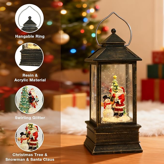 Impress Life Christmas Snow Globe Lantern with Light & Music, Santa & Snowman & Christmas Tree Battery/USB Operated Snow Globe with Glitter, Christmas Decorations Decor for Home