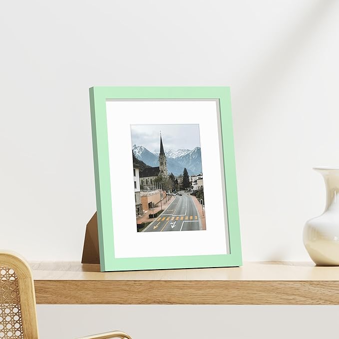 Vittanly 8x10 Picture Frames Set of 9, Shatter Resistant Plexiglass, Display 5x7 Pictures with Mat or 8x10 without Mat, Photo Frames for Wall or Tabletop, Engineered Wood, Light Green