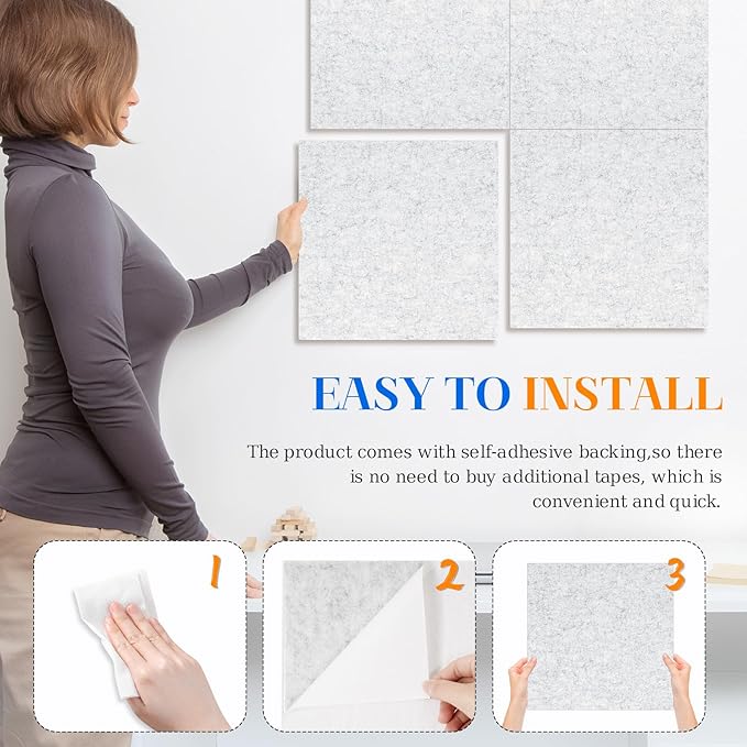 DOLLAR BOSS Felt Cork Board Tiles, 4 Packs 12" x 12" 1/2" Thick Cork Bulletin Board Self Adhesive Acoustic Panels Soundproof Corkboards for Walls with 40 Pushpins for Home Office School, Light Grey