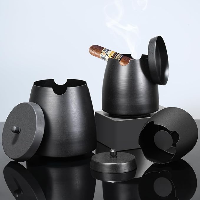 Cigar Ashtray with Lid for Outdoors Indoors Outside Patio Home Black Decor,Large Holder Ash tray Windproof,Cigar Accessories Gift for Men Dad Husband Boyfriend (Small)
