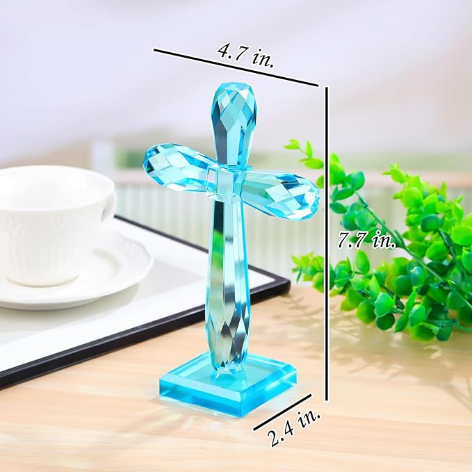 YWHL Handmade Crystal Holy Cross Decor, Religious Gifts for Women Men, Easter Pary Decor, Glass Art Collectible Figurines for Home Table (Lake Blue)