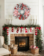 24" Artificial Christmas Wreath with Red Candy Accents, Double Ribbon Bows, Pine Cones & Ornaments, White Cedar Base for Christmas Thanksgiving Winter Holiday Front Door and Wall Decoration