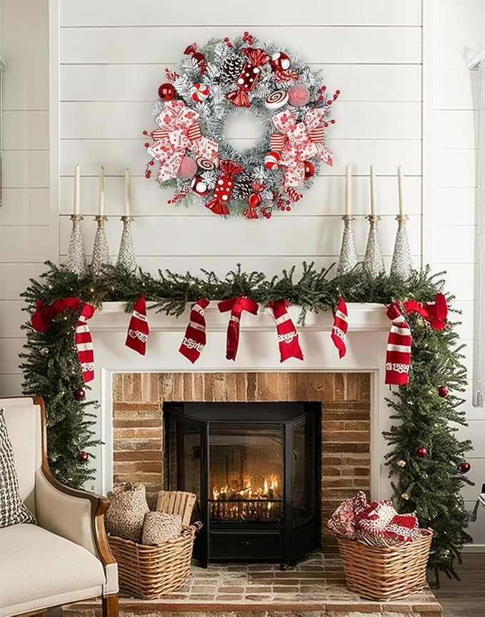 24" Artificial Christmas Wreath with Red Candy Accents, Double Ribbon Bows, Pine Cones & Ornaments, White Cedar Base for Christmas Thanksgiving Winter Holiday Front Door and Wall Decoration