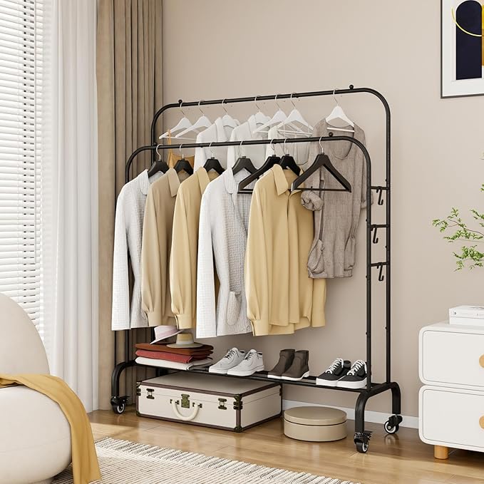SUOERNUO Garment Rack with Wheels Clothing Rack for Hanging Clothes Multi-functional Bedroom Clothes Rack，Black+Double RodsBlack