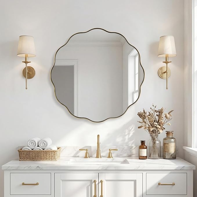 ANDY STAR Brushed Gold Round Wall Mirror 24 Inch, Brass Round Bathroom Mirrors for Over Sink, Anti-Rust Brass Circle Frame for Bathroom, Entryway