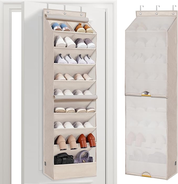 STORAGE MANIAC Over the Door Shoe Organizer with Curtain Dustproof Heavy-Duty Large Deep Pocket Hanging Shoe Organizer for Closet Dorm & Narrow Door Storage Shoe Holder Shoe Rack, 9-Shelf Beige 1 Pack