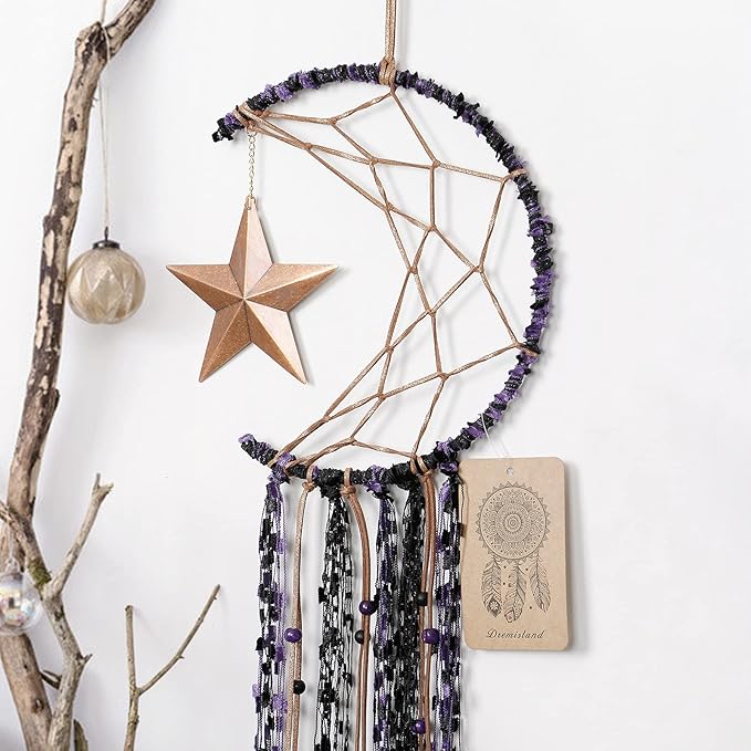 Dremisland Moon Dream Catcher Handmade Half Circle Moon Design Dream Catcher Feather Hanging with Star Home Decoration Ornament Festival Gift (Purple)