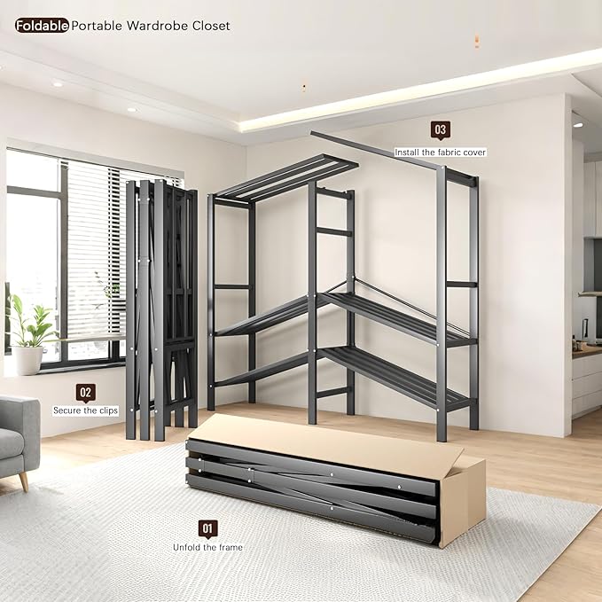 Heavy Duty Portable Closet with Cover Magnetic Doors, Metal Rolling Clothes Rack Heavy Duty 1500LBS, Foldable Clothing Rack, Garment Racks for Bedroom/LivingRoom/Rental (KT-Grey, 70.86in)