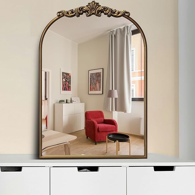 Ornate Baroque Vintage Gold Mirror - 19"X27" Arched Antique Brass Mirror with Full Metal Frame - Perfect for Entryway, Fireplace, Living Room, Hallway, or Bathroom Décor