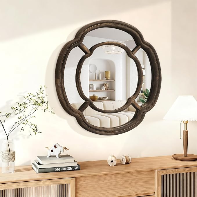 Irregular Wall Mirror, Round Wavy Hanging Mirror Circle Wooden Framed Decorative Mirrors 20 Inch for Living Room Hallway Entryway Decor Mirrors
