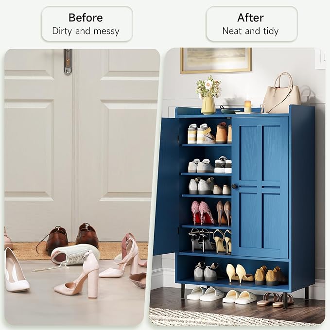 ONBRILL Shoe Cabinet with Cross Molding Doors, 6-Tier Shoe Storage Cabinet with 3 Adjustable Shelves and Metal Legs, 45'' Tall Shoes Rack Organizer Cabinet for Entryway, Front Door, Blue