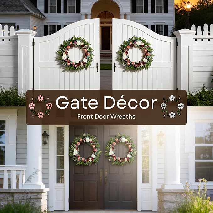 32 Inch Eucalyptus Wreaths with Roses, Hydrangeas, Lavender, Berries, Salal Leaves, Ferns, Dusty Miller, Green Summer Spring Wreaths for Front Door, Large Wreath for Porch Decor