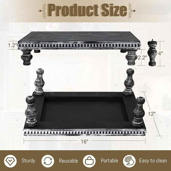 MAONAME Wood Display Risers Decorative Tray, Farmhouse Pedestal Stand for Display Home Decor, Vintage Black Beaded Wooden Tray for Kitchen Counter, Short and Tall Footed