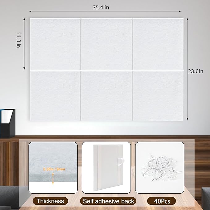 Bulletin Board, 6 Pcs Large Cork Board for Wall 36" x 24", Felt Pin Board Tiles with 40 Pushpins, CorkBoards for Office Home Decor