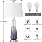 Glass Table Lamps Set of 2, Modern Bedside Lamps for Bedrooms with USB A+C Ports, 3-Way Dimmable Touch Control Nightstand Lamp with White Linen Shade, 27.5" Large Lamps for Living Room Decor, Grey