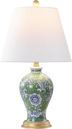 JONATHAN Y 24" Green/White French Country Ceramic Floral Urn Table Lamp, White Linen Shade, Chinoiserie Ginger Jar Bedside Lamp for Living Room Bedroom, LED Bulb (JYL3009F)
