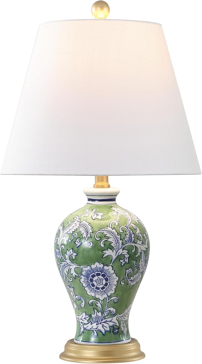 JONATHAN Y 24" Green/White French Country Ceramic Floral Urn Table Lamp, White Linen Shade, Chinoiserie Ginger Jar Bedside Lamp for Living Room Bedroom, LED Bulb (JYL3009F)