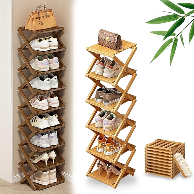 DDRIC The 9-Tier No-Assembly Bamboo Rack, Foldable 9 Tier Bamboo Shoe Rack with Collapsible Vertical Design, Space-Saving Shoe Storage Shelf for Entryway Closet Dorm, No-Tool Assembly (Nuture,6)