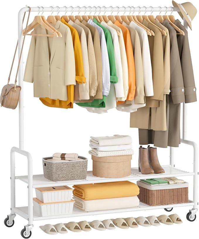 MISSLO Heavy Duty Clothes Rack with Shelves 46.5" Large Rolling Clothing Racks for Hanging Clothes, Garment, Coat, White